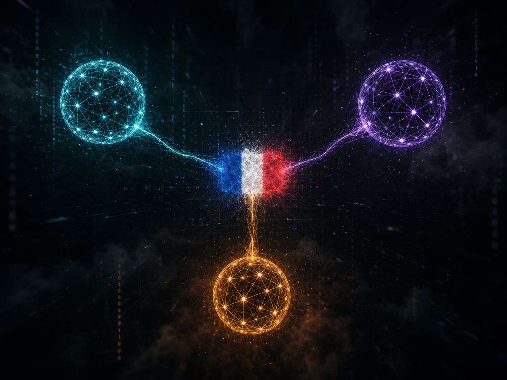 Trois modèles IA abstraits dans un espace sombre, illustrant la comparaison DeepSeek, GLM et Mistral pour écrire en français