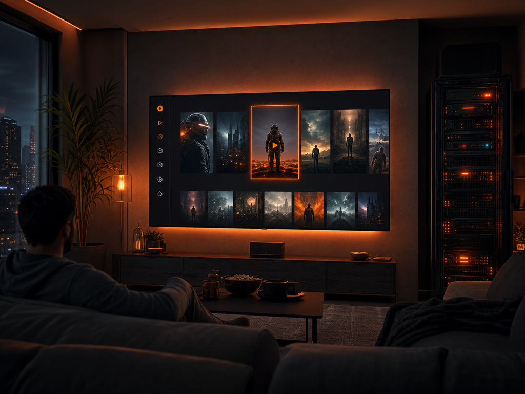 Illustration d'un salon avec un écran de télé affichant une bibliothèque de films, style sombre et orange.
