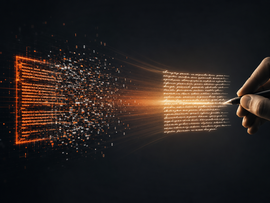 Illustration sombre et orange : un texte digital se disperse en pixels puis se réassemble en écriture manuscrite