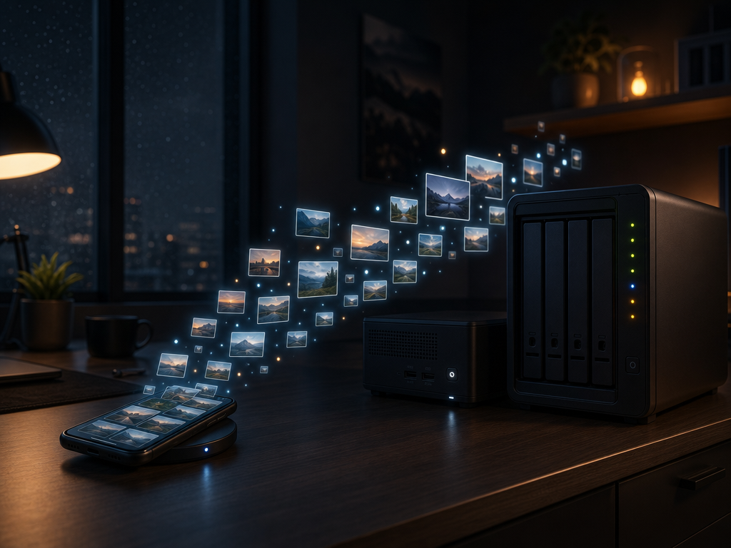 Illustration sombre : un téléphone synchronise ses photos vers un serveur domestique