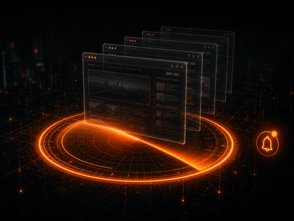 Illustration sombre et orange : un radar lumineux scanne des fenêtres de navigateur, une cloche de notification en périphérie
