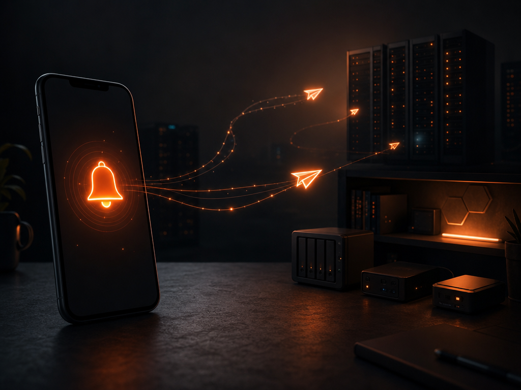 Illustration sombre : smartphone avec cloche de notification orange, avions en papier vers des serveurs auto-hébergés