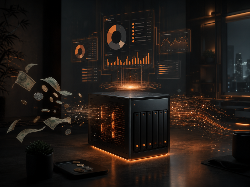 Illustration sombre : un serveur domestique entoure de graphiques de budget orange