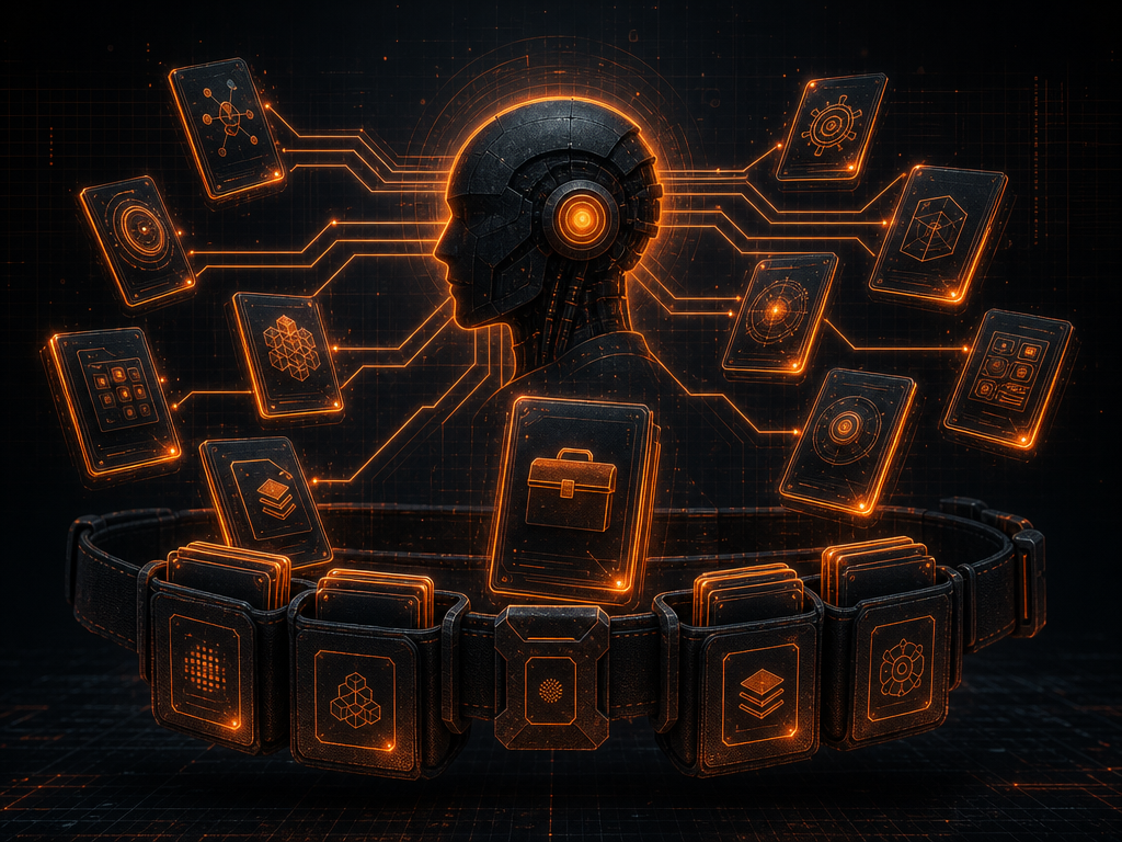 Illustration d'un agent IA entouré de cartes de compétences connectées, style sombre et orange