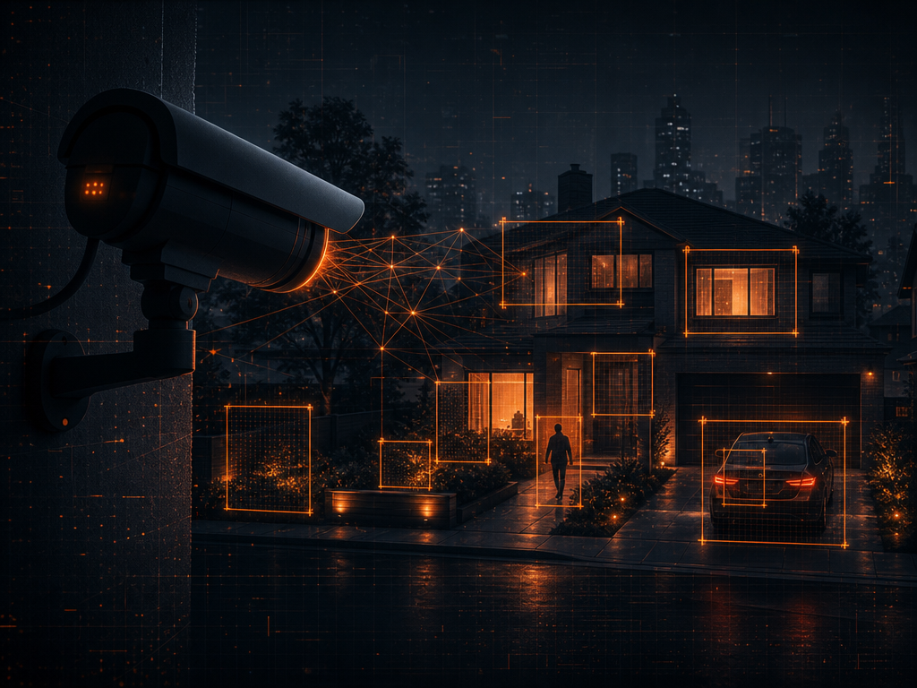 Illustration sombre et orange d'une caméra de surveillance analysant une maison avec des boîtes de détection IA