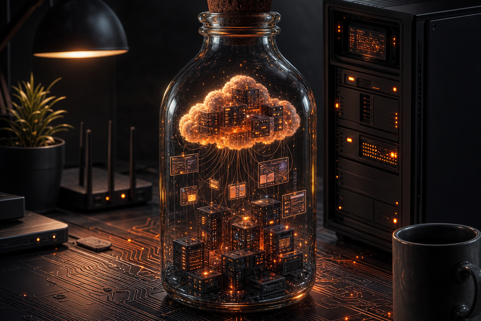 Couverture NumeriBrain : une bouteille en verre contenant un nuage de serveurs lumineux