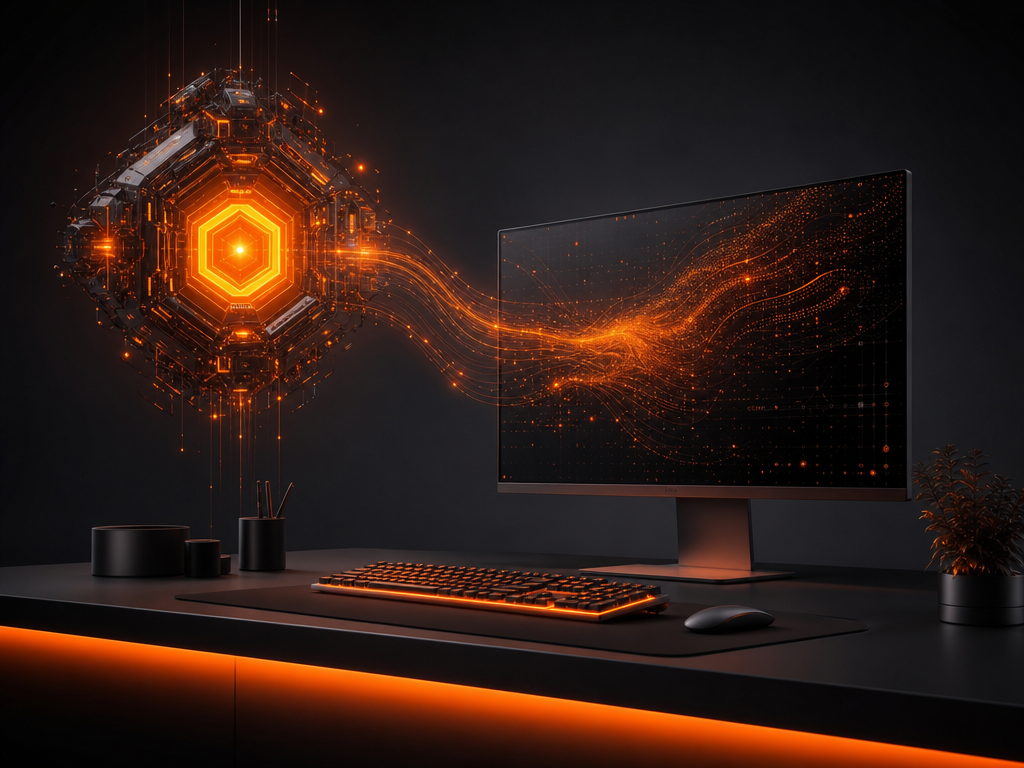 Illustration sombre et orange d'un cœur d'IA au-dessus d'un bureau, data streams vers l'écran