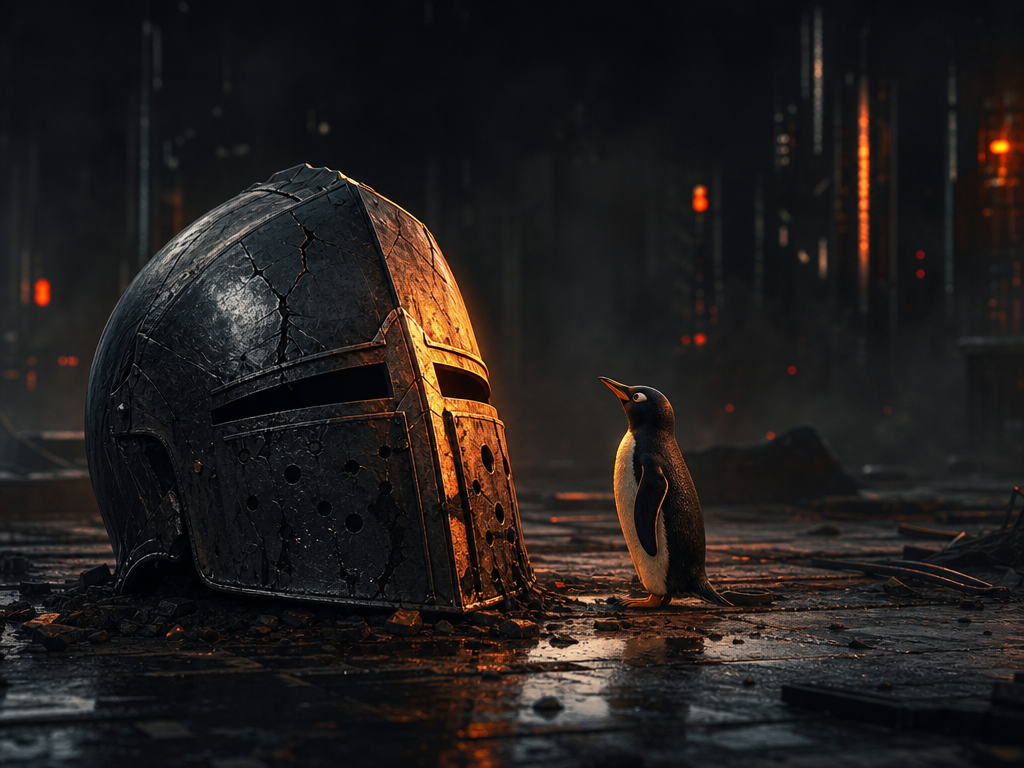Casque de chevalier abandonné et fêlé, un manchot Linux à ses côtés, éclairage orange sur fond sombre