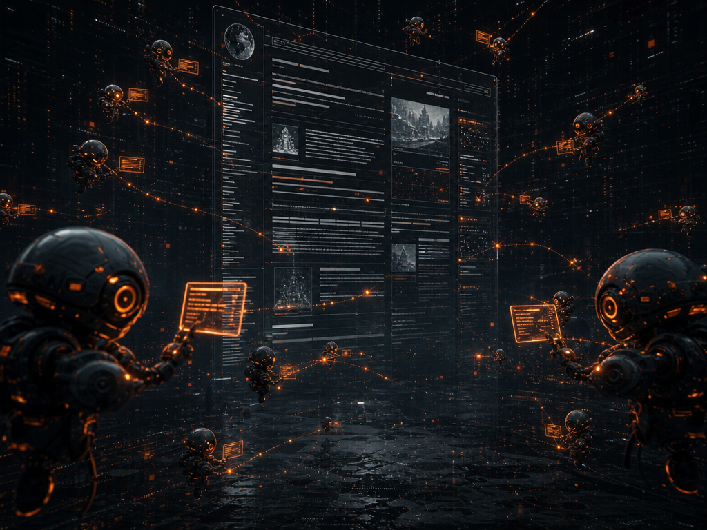 Illustration : un essaim de robots lumineux échangeant des messages secrets à travers une page wiki flottante, ambiance sombre et lueurs orange