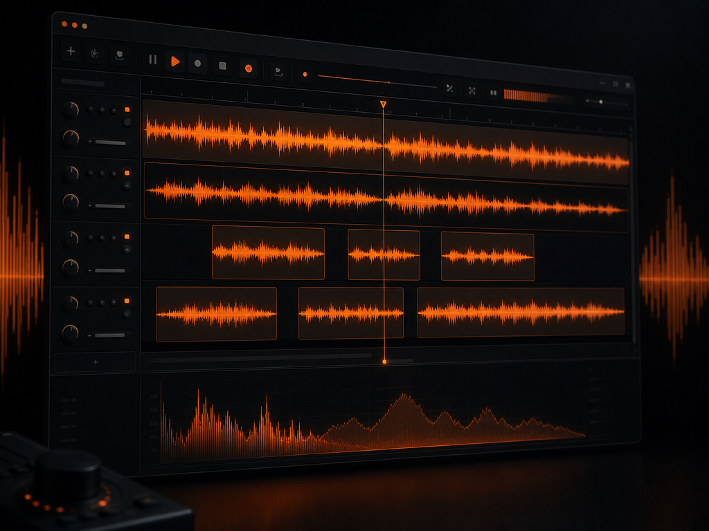 Illustration sombre de formes d'onde orange, dans l'esprit de la nouvelle interface d'Audacity 4