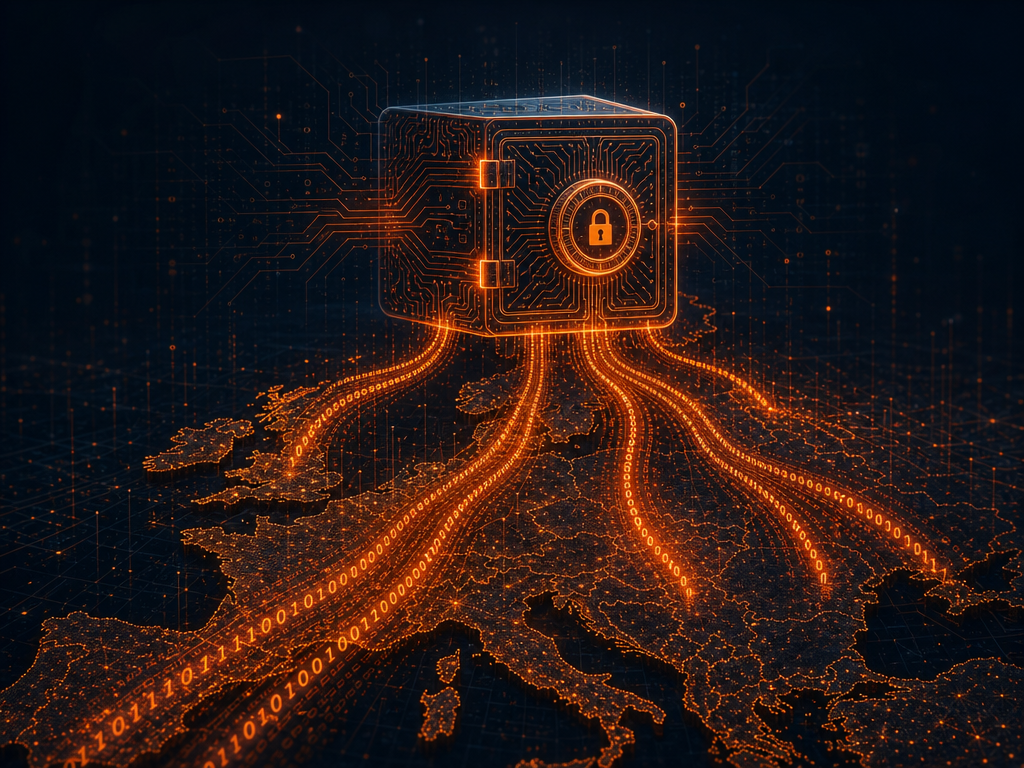 Illustration : coffre-fort numérique au-dessus de l'Europe, lignes de circuit orangées