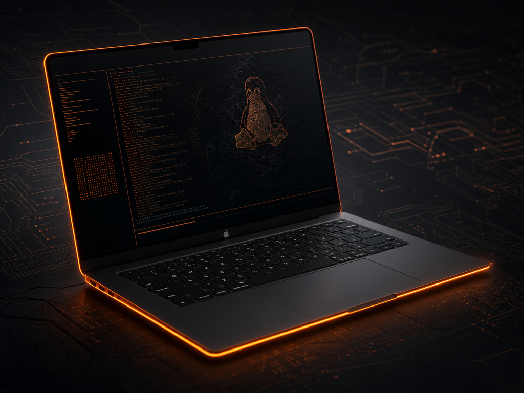 Illustration sombre d'un MacBook sous Linux, accents orange