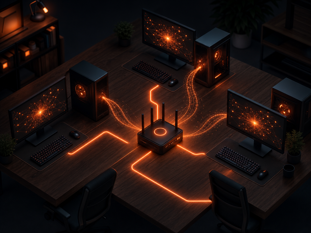 Illustration d'un cluster d'IA locale maison reliant plusieurs PC par des flux lumineux orange