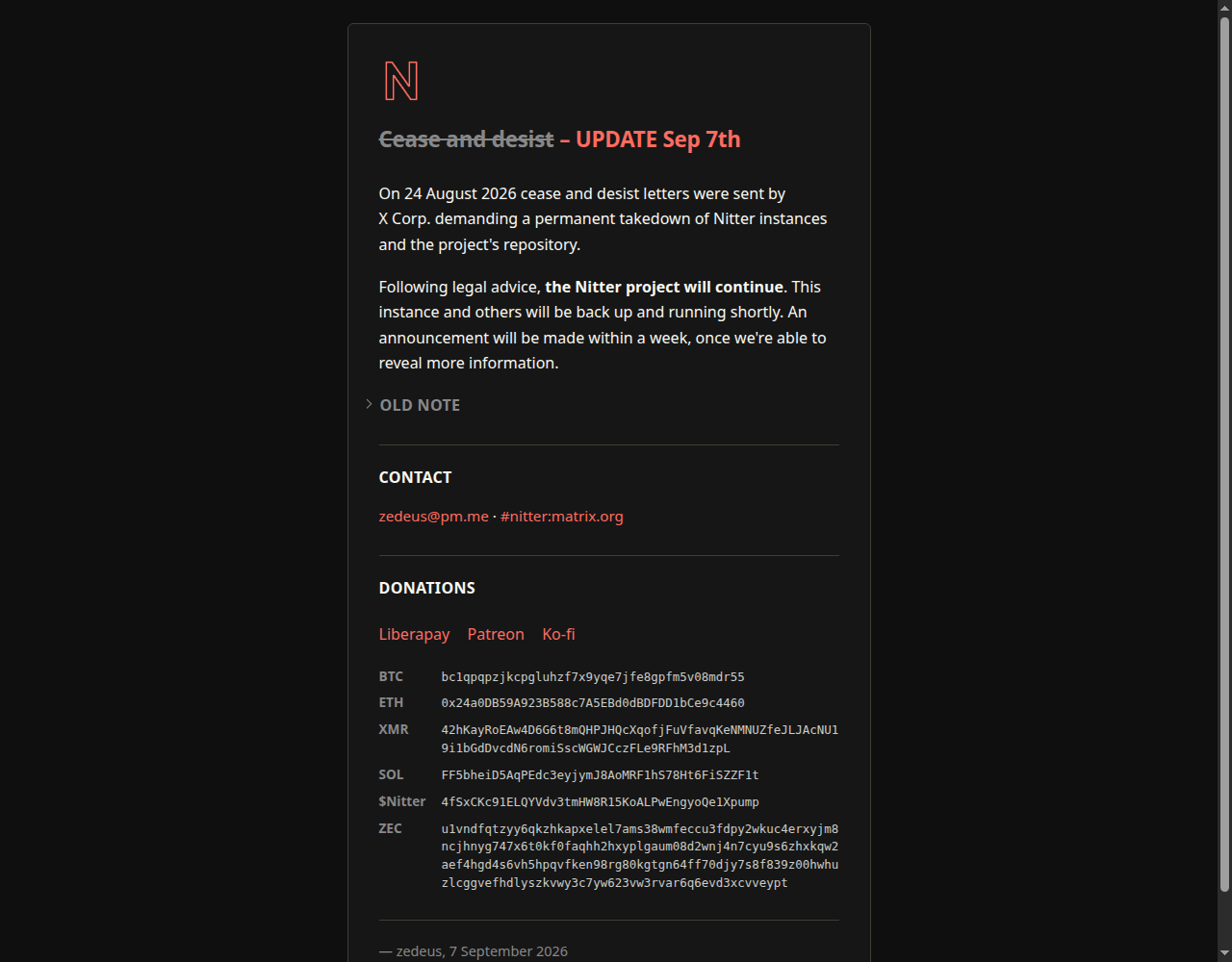 Avis de mise en demeure d'X Corp et annonce de reprise affichés sur nitter.net