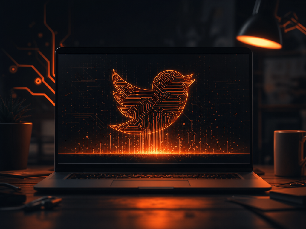 Illustration : un écran d'ordinateur lumineux dans une pièce sombre, silhouette d'oiseau en circuits orange