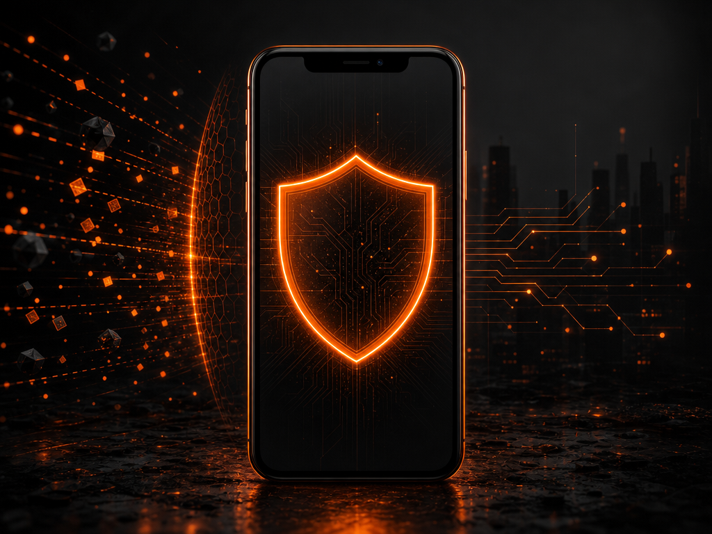 Illustration : smartphone sur fond sombre, bouclier orange symbolisant la protection de la vie privée