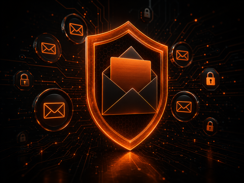 Illustration sombre et orange d’un bouclier protégeant une enveloppe mail