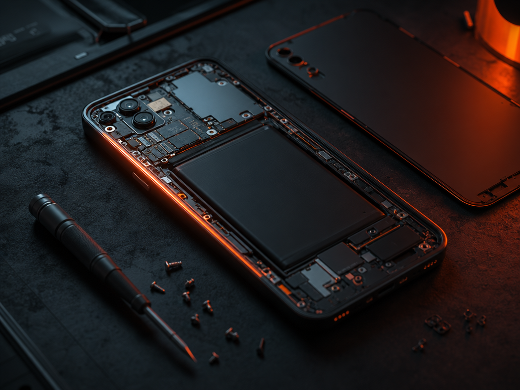 Couverture : smartphone démonté sur un plan de travail sombre, lumière orange