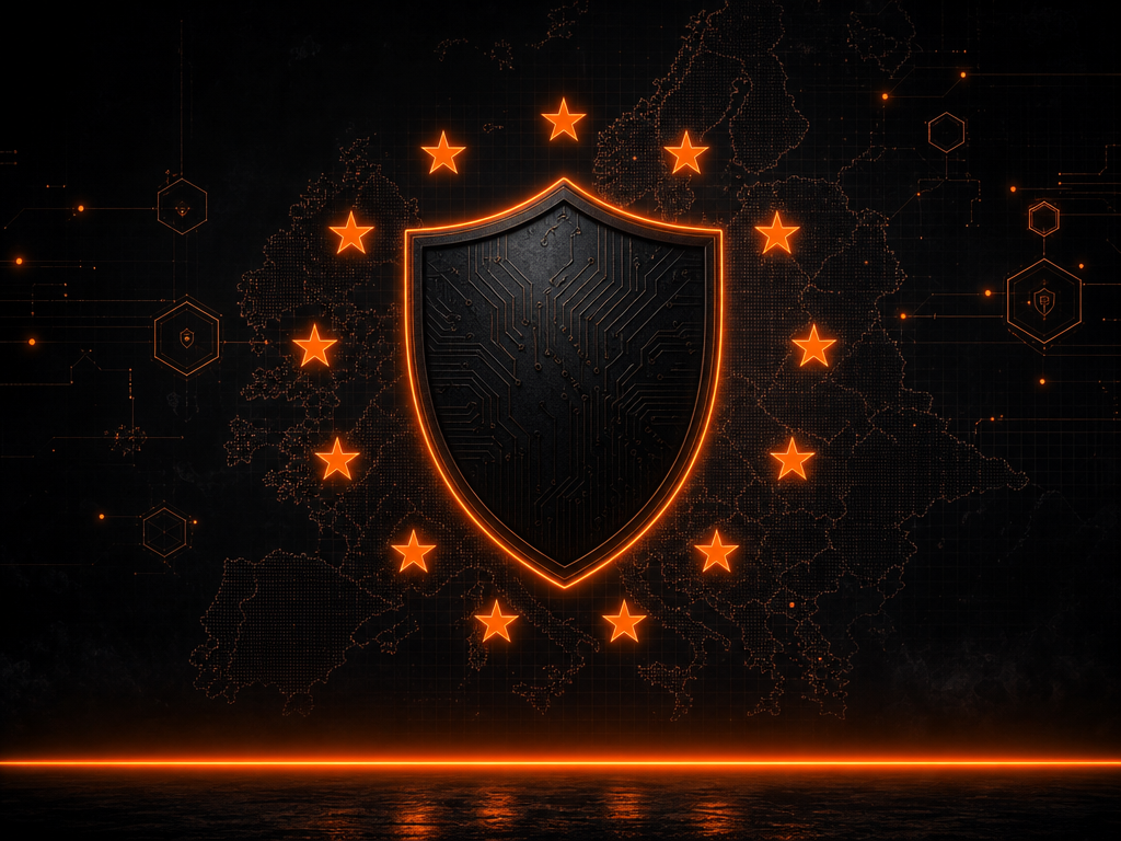 Illustration sombre et orange d’un bouclier de cybersécurité entouré d’étoiles européennes