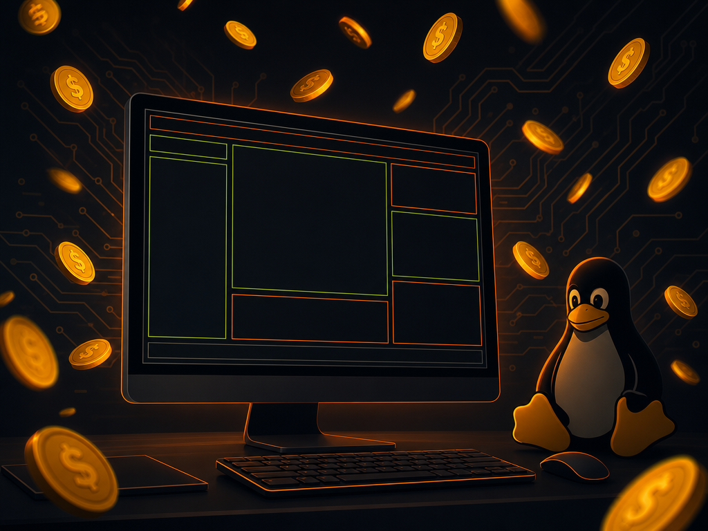 Illustration sombre et orange : un bureau Linux financé à coups de pièces d’or