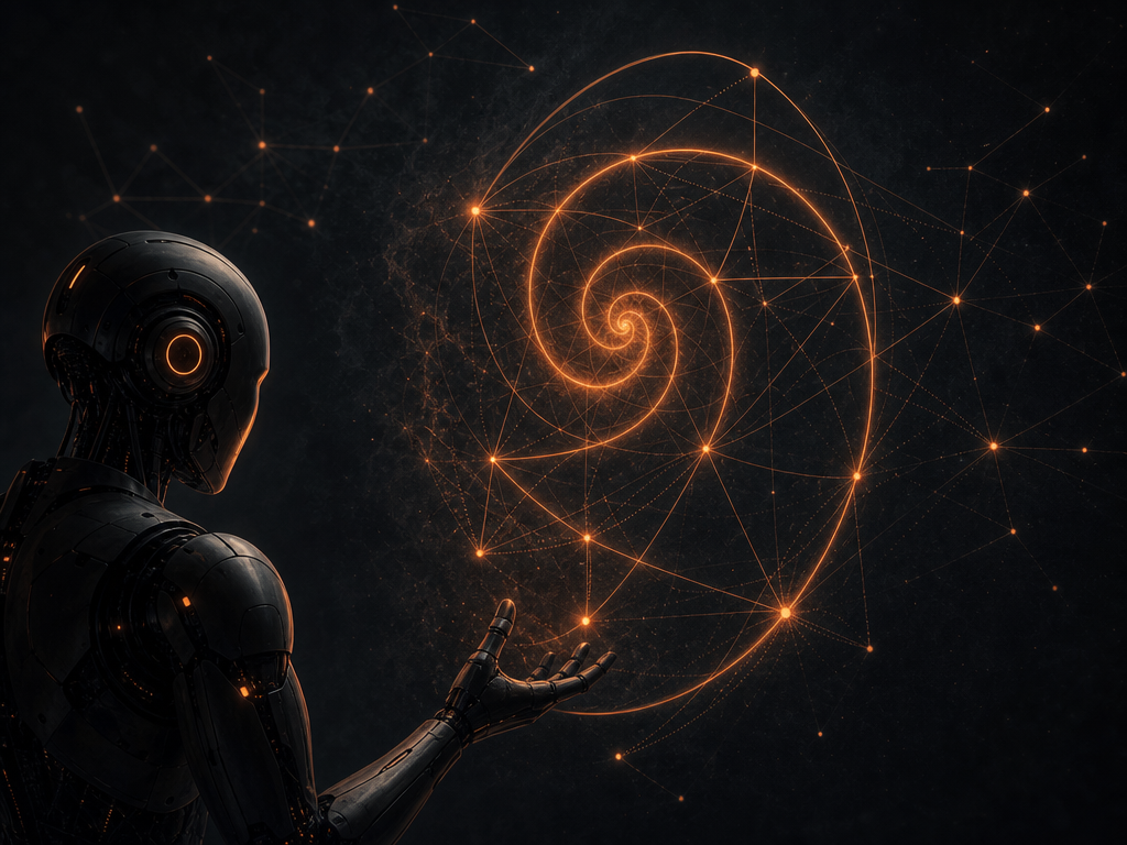 Illustration sombre aux accents orange : constellation de théorèmes reliés évoquant la preuve mathématique certifiée par une IA