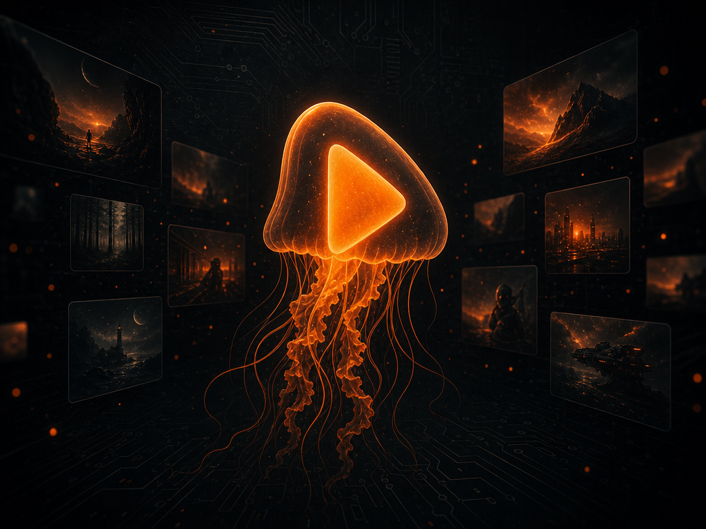 Illustration : médiathèque Jellyfin sur fond sombre aux reflets orangés