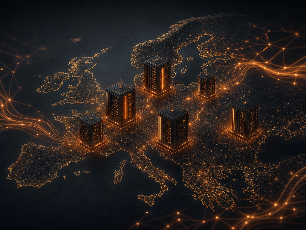 Illustration IA souveraine : data center européen stylisé, identité sombre et orange