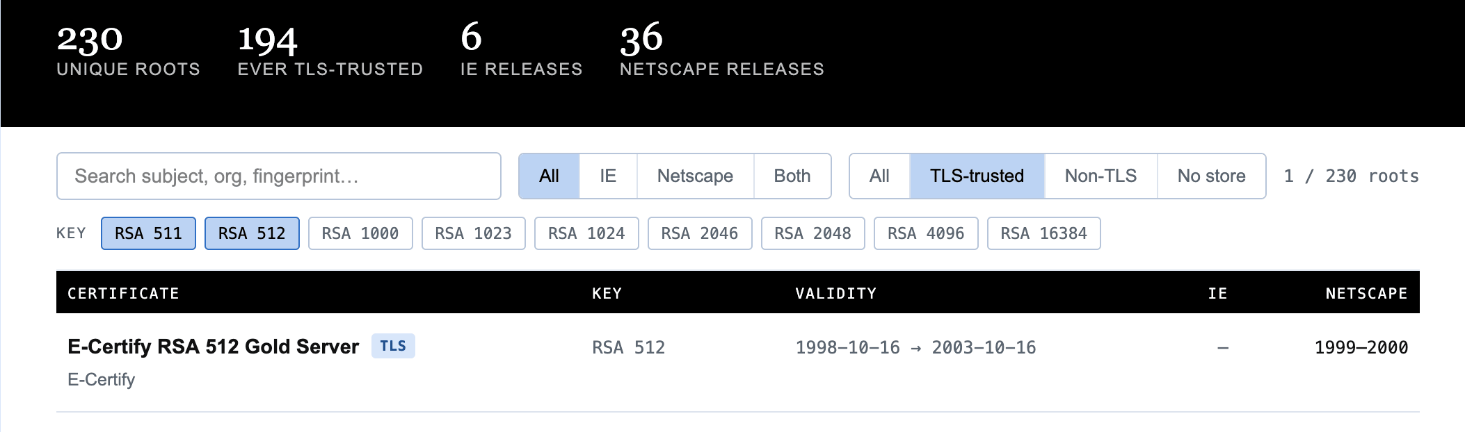 Tableau des anciens certificats racine, filtré sur les clés RSA de 512 bits