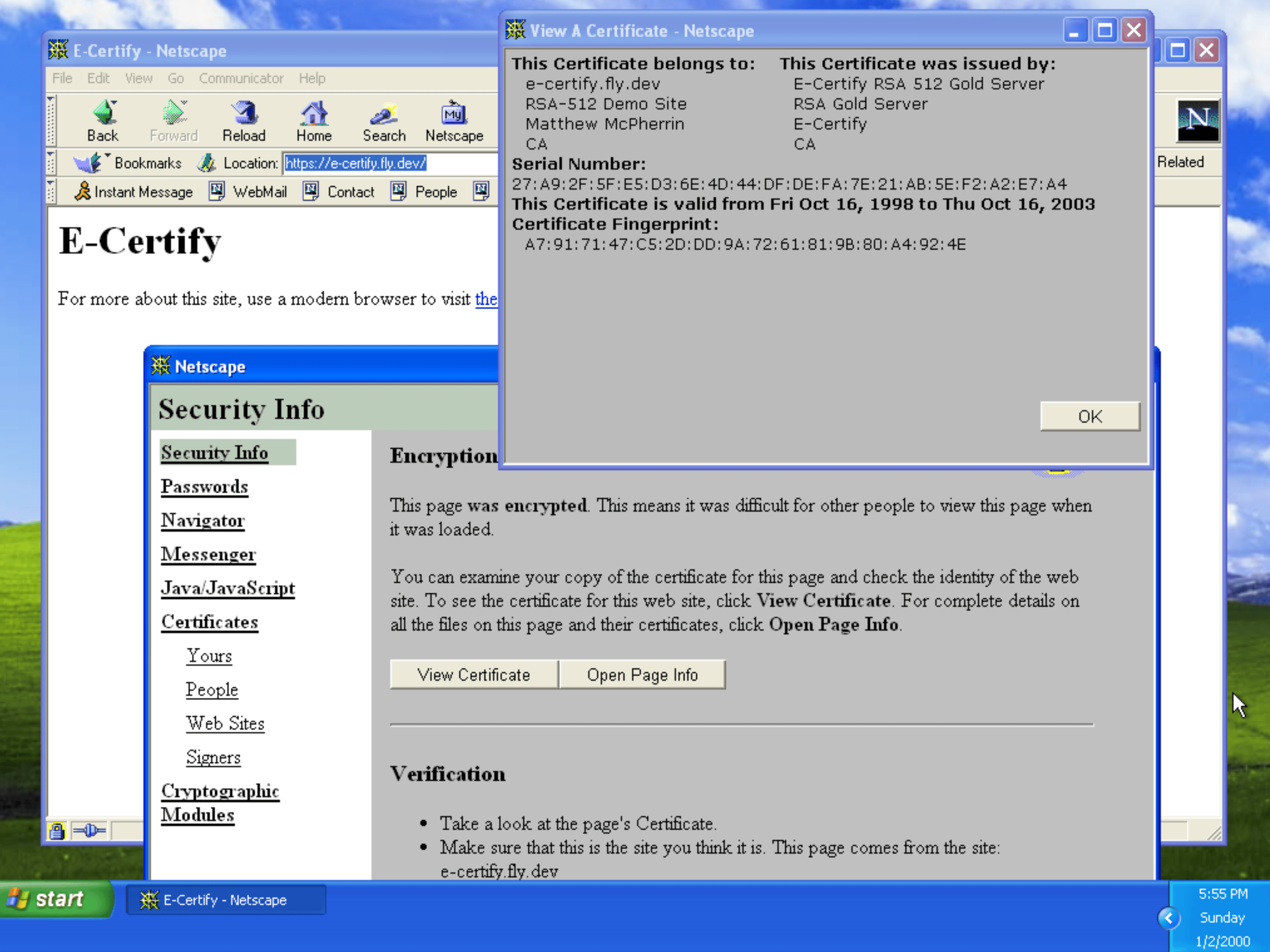 Visualiseur de certificats de Netscape 4.51 affichant le certificat signé avec la clé E-Certify reconstituée