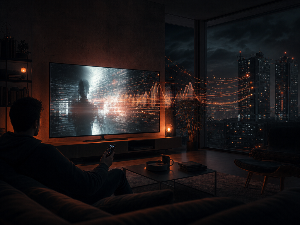 Illustration sombre d'un salon la nuit, écran de TV allumé