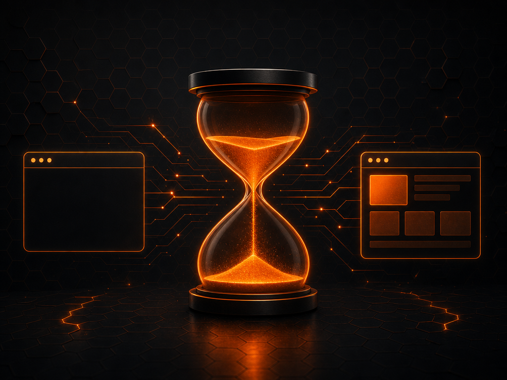 Illustration sombre et orange d'un sablier symbolisant le nouveau rythme de mises à jour de Chrome