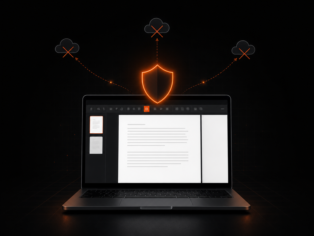 Illustration sombre et orange : un ordinateur portable protégé, aucune donnée envoyée vers le cloud