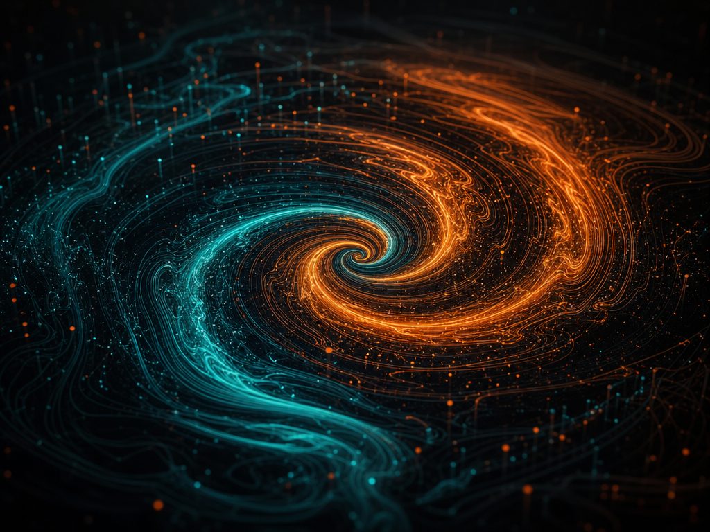 Illustration : vortex lumineux sombre et orange, spirale de fluide vue du dessus