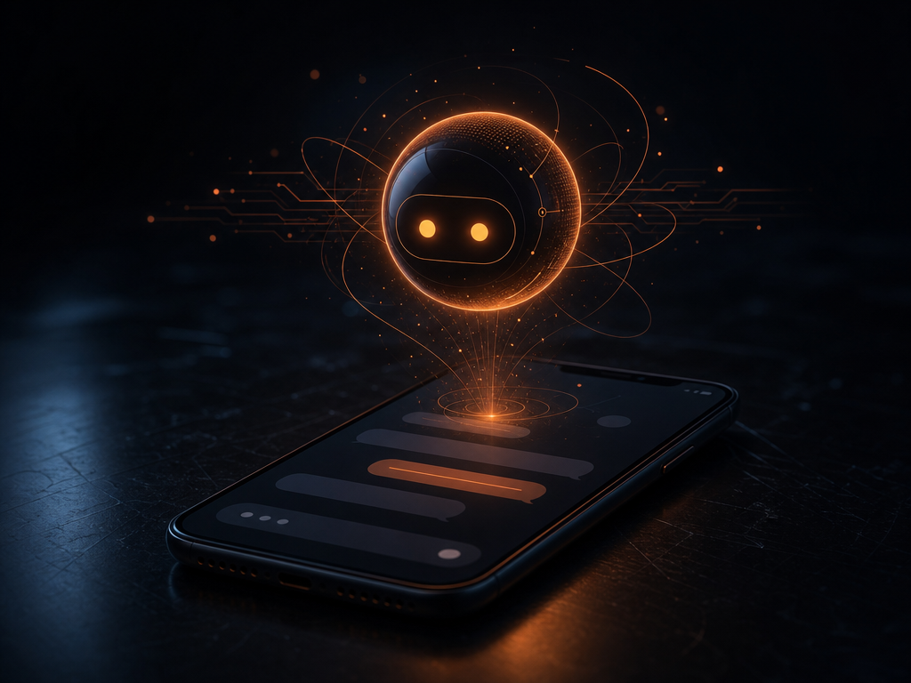 Illustration sombre d’un agent IA personnel orange flottant au-dessus d’un smartphone