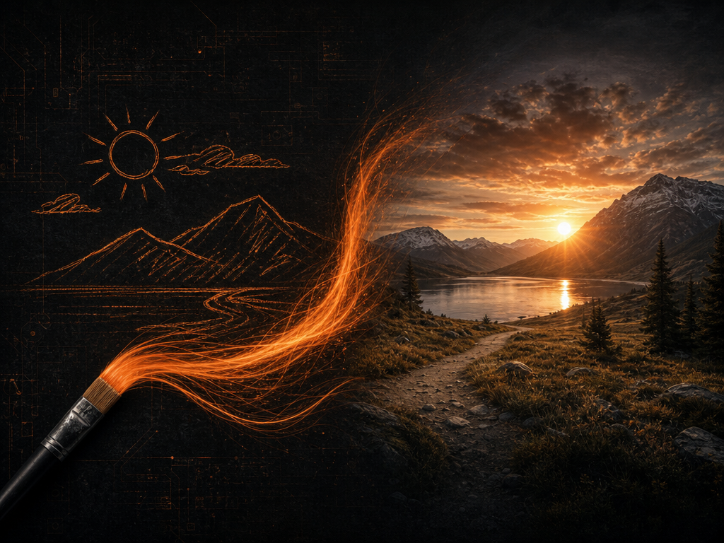 Illustration sombre et orange d'un croquis se transformant en image réaliste