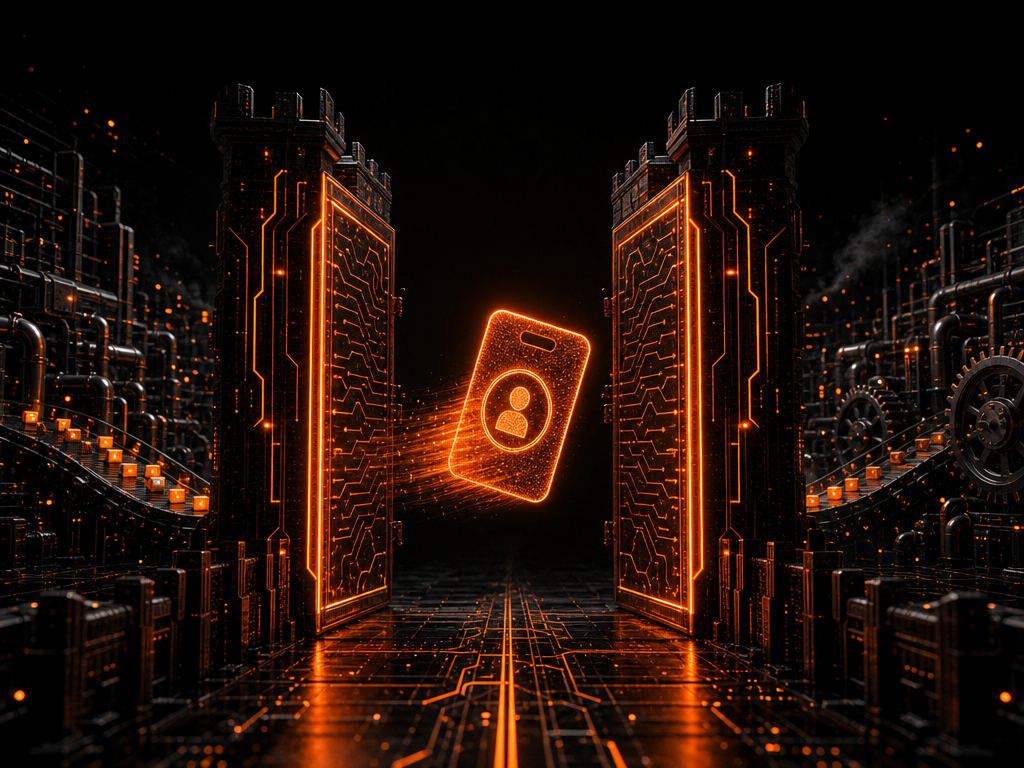 Illustration sombre et orange d’un badge d’accès traversant une porte-forteresse de circuits