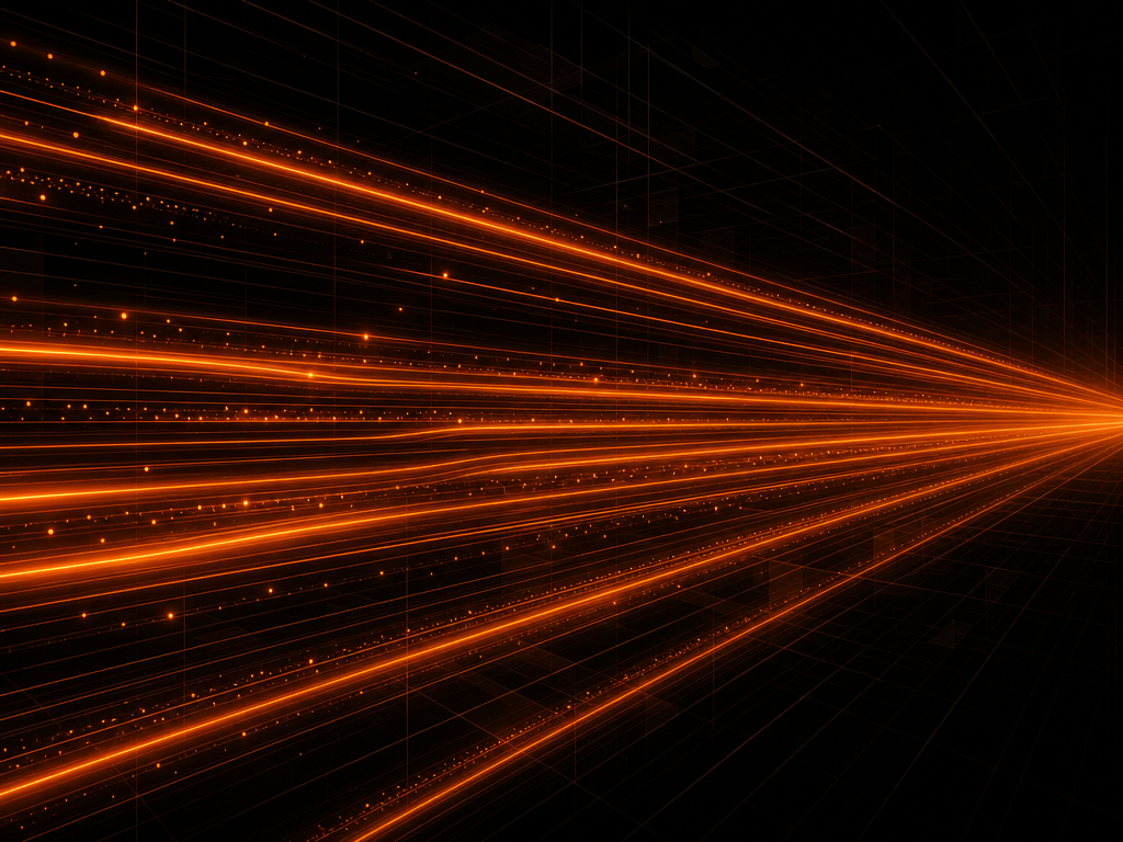 Illustration sombre aux touches orange, flux lumineux parallèles évoquant la génération de texte par diffusion de Mercury 2.5