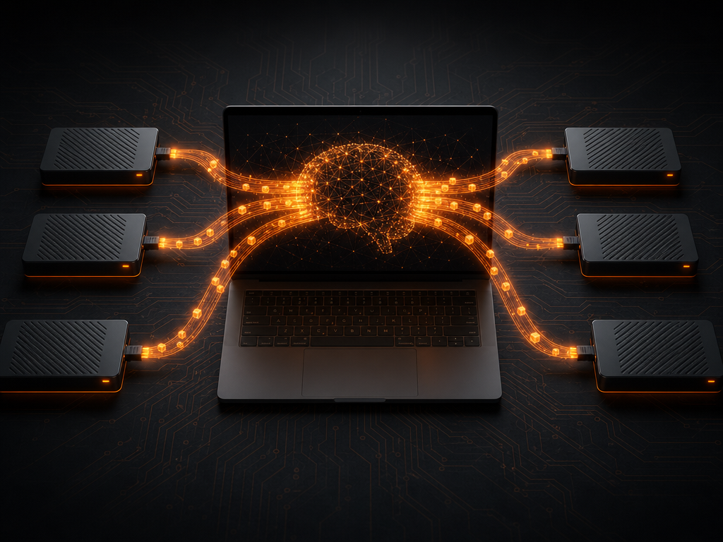 Illustration sombre et orange d'un MacBook relié à quatre SSD par des flux de données orange, symbolisant le chargement d'un modèle géant depuis le disque