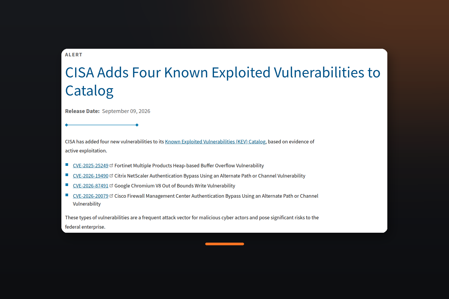 Alerte CISA listant quatre vulnérabilités activement exploitées ajoutées au catalogue KEV le 9 septembre 2026