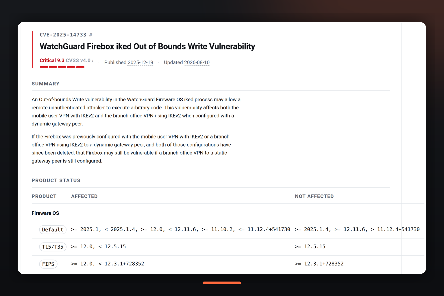 Advisory officielle WatchGuard de la faille CVE-2025-14733 (Fireware OS iked), gravité critique 9.3