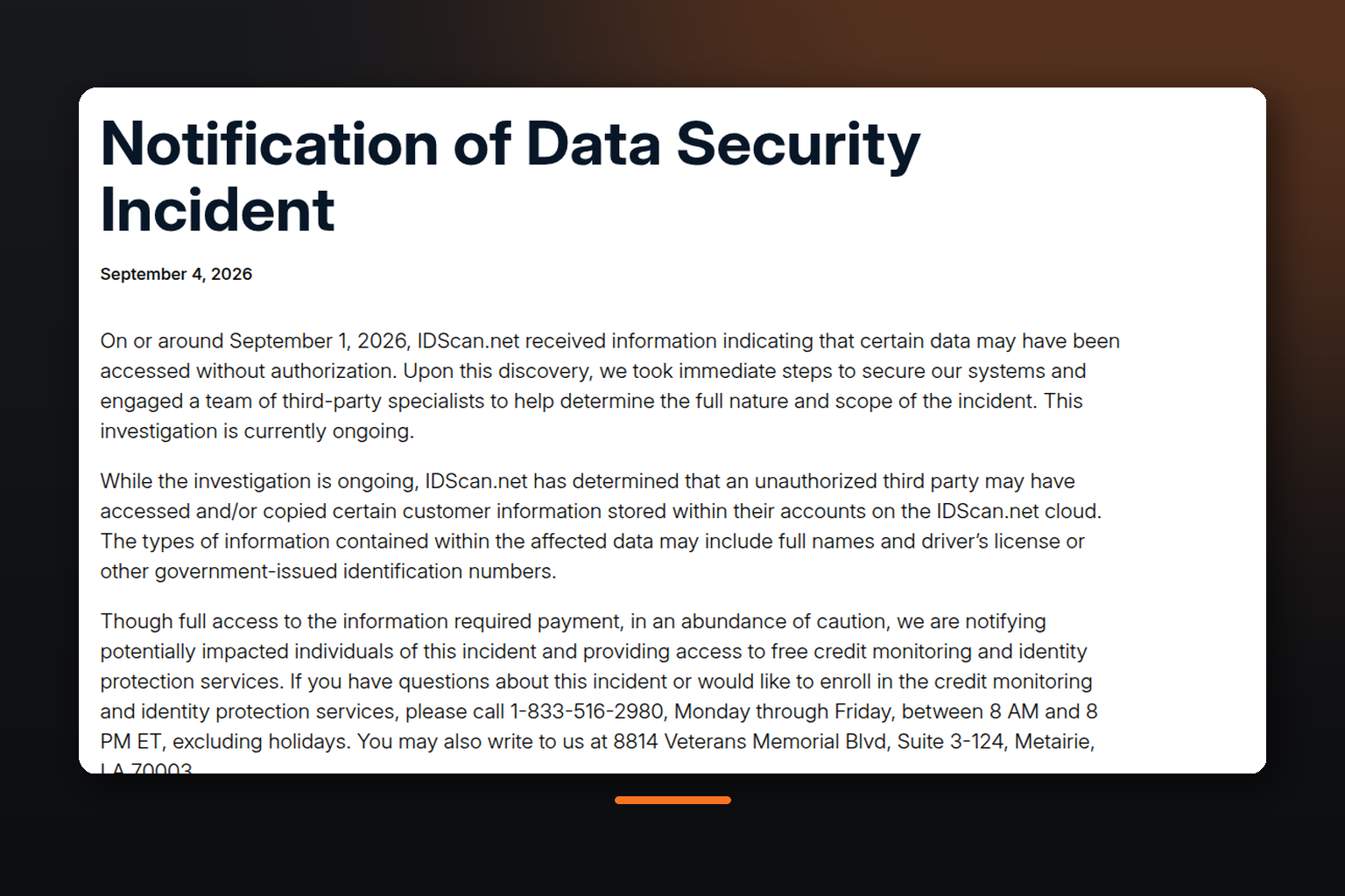 Capture de la notification officielle de violation de données publiée par IDScan.net le 4 septembre 2026