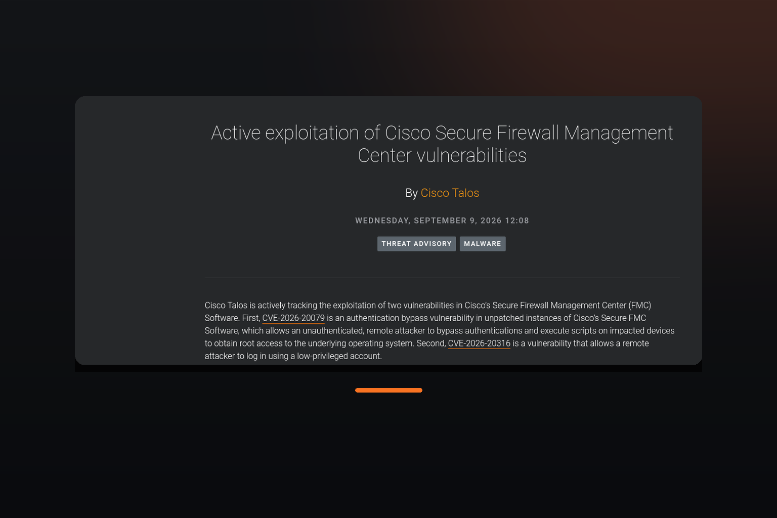 Rapport Cisco Talos du 9 septembre 2026 détaillant l'exploitation active des failles du centre de gestion des pare-feu Cisco