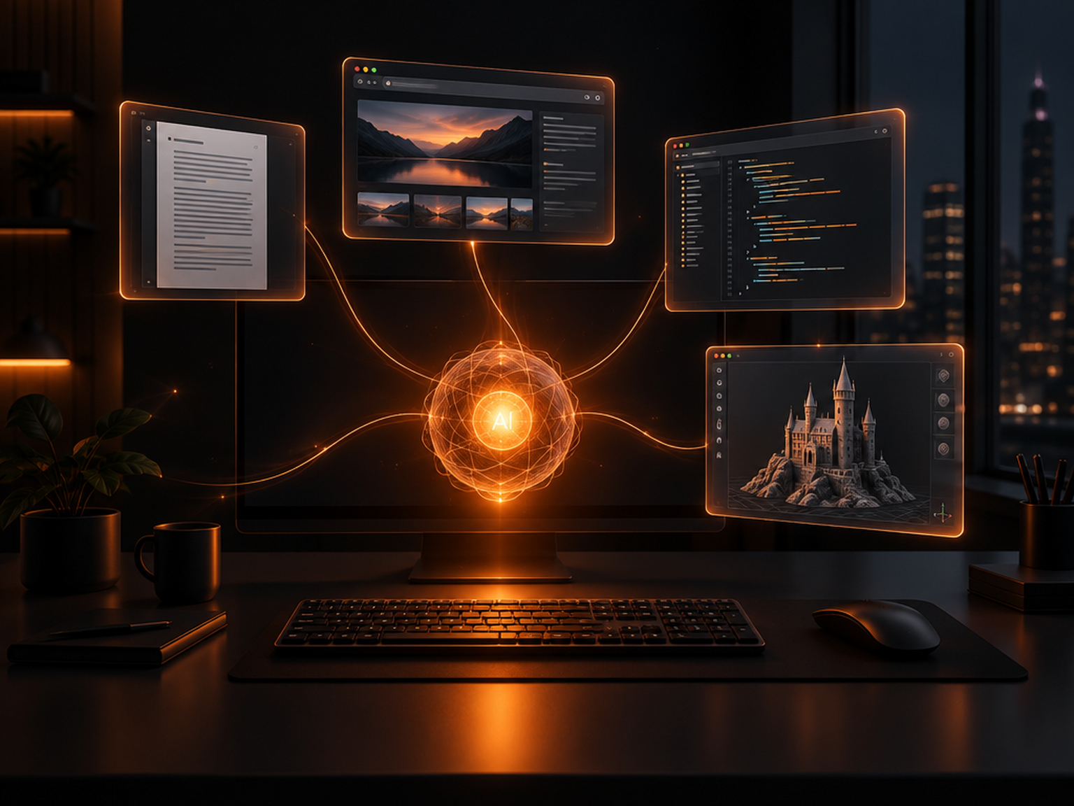 Illustration : un noyau d'intelligence artificielle lumineux orchestre des documents, un navigateur, du code et une scène 3D au-dessus d'un bureau sombre