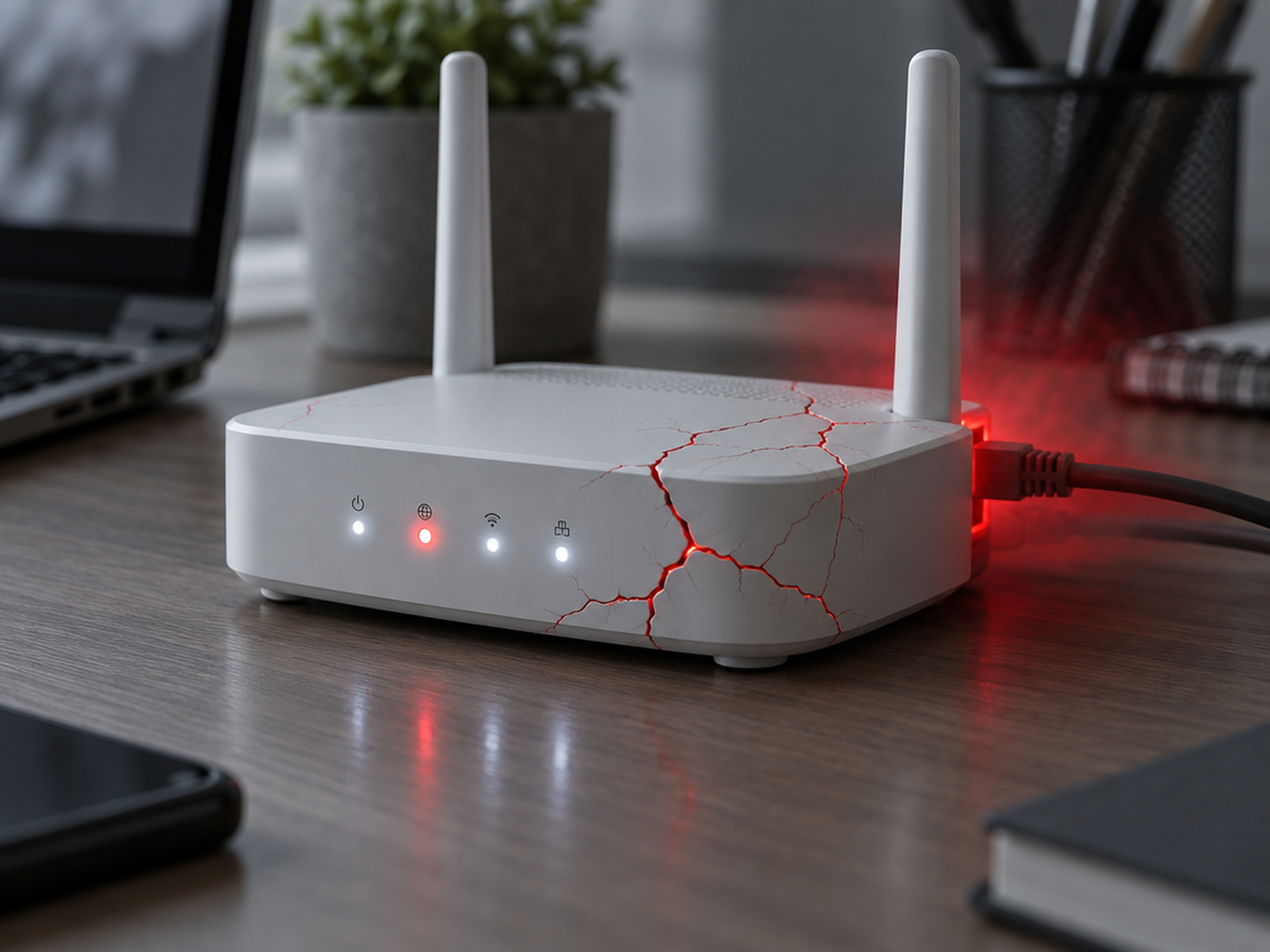 Illustration : un routeur de bureau fissuré, alerte rouge sur les failles MikroTik RouterOS