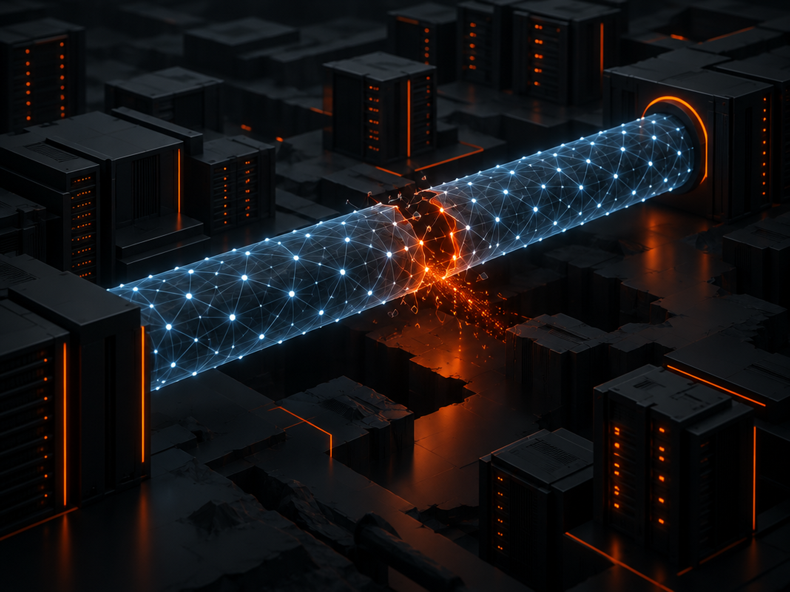 Illustration générée par IA : un tunnel de données VPN fracturé au milieu d'un paysage de serveurs sombres