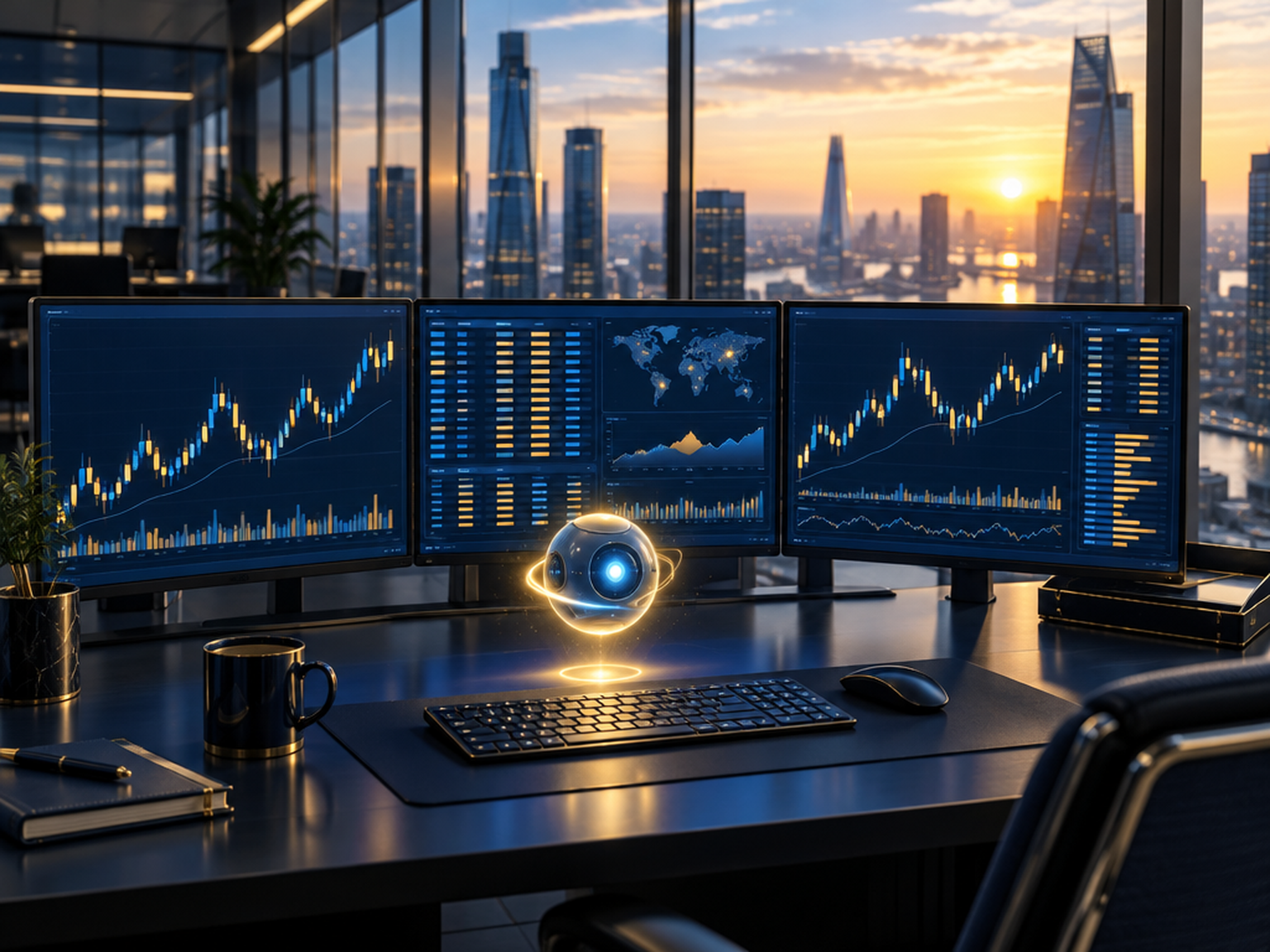 Illustration : un poste de trading bancaire éclairé par un assistant IA