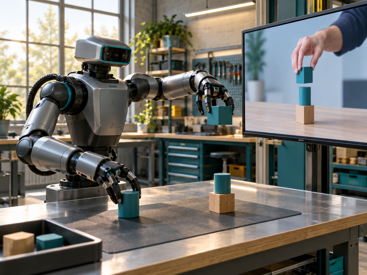 Illustration : un robot à deux bras imitant un geste vu dans une vidéo de démonstration