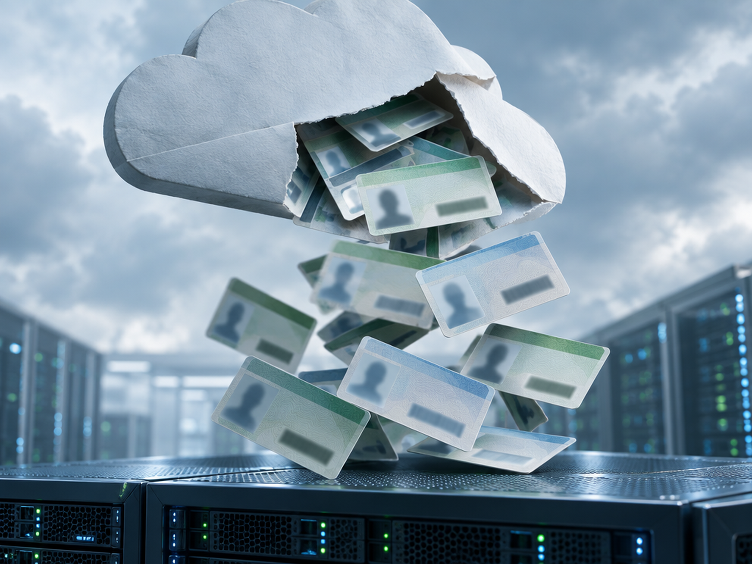 Illustration : permis de conduire s'échappant d'un cloud éventré vers un serveur