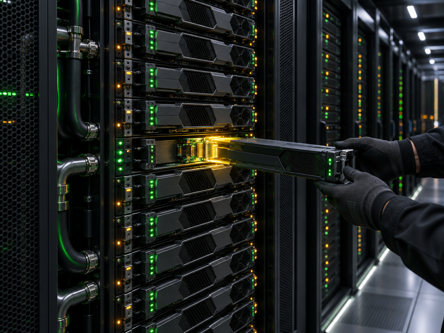 Illustration : module de puce IA inséré dans une baie de datacenter