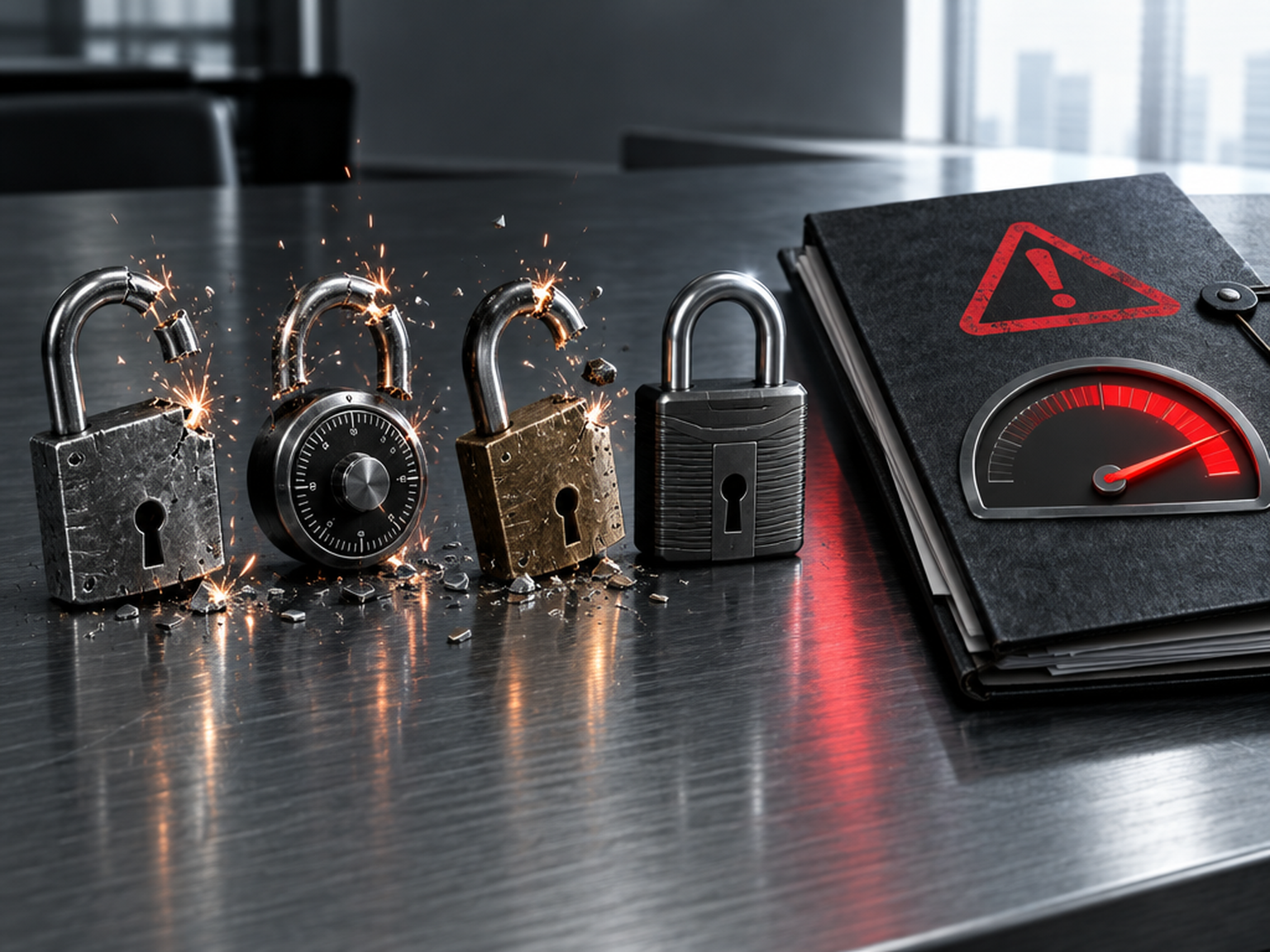 Illustration : quatre cadenas dont trois forcés devant un dossier d'alerte